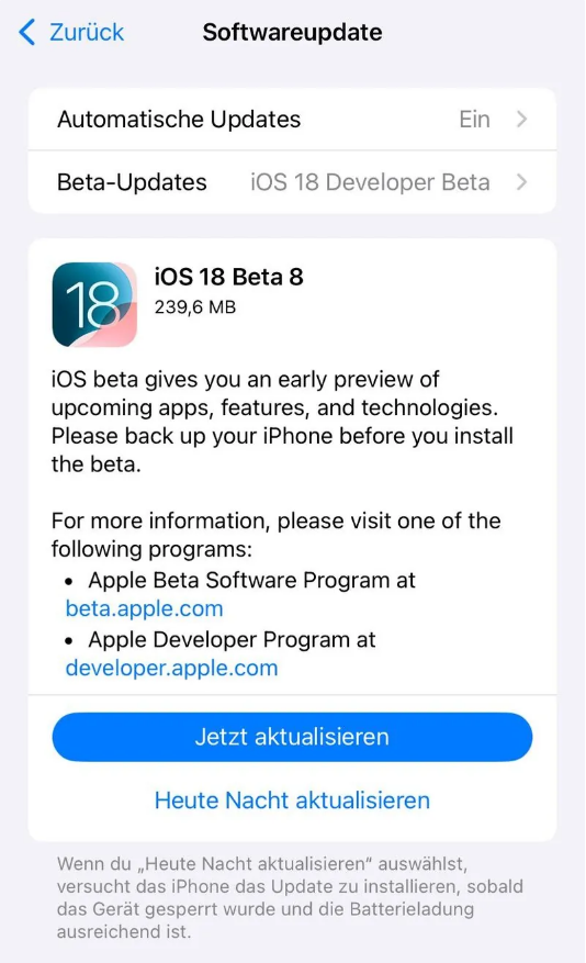 索县苹果手机维修分享苹果 iOS / iPadOS 18 开发者预览版 Beta 8 发布 